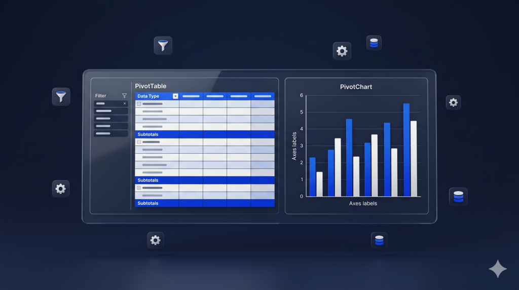 PivotTable best practices Excel dashboard showing structured pivot table and pivot chart with filters, subtotals, and clean data layout on a navy blue background