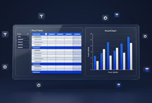 PivotTable best practices Excel dashboard showing structured pivot table and pivot chart with filters, subtotals, and clean data layout on a navy blue background