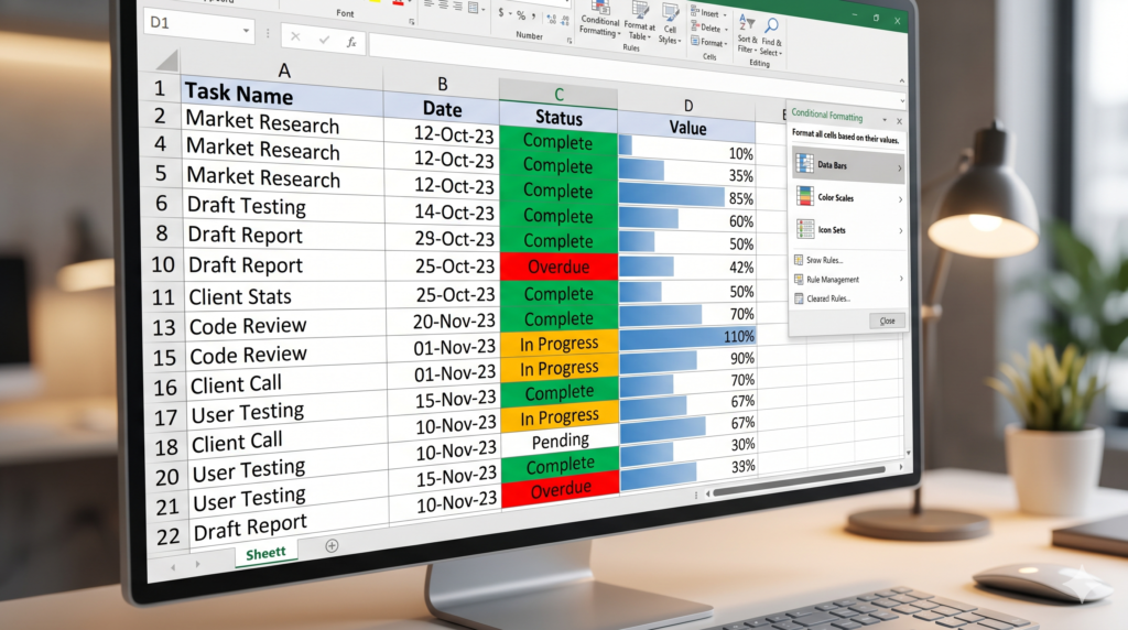 The conditional formatting in Excel within a panel shows colour-coded cells with deadline tracking, status labels, and data bars in a professional spreadsheet