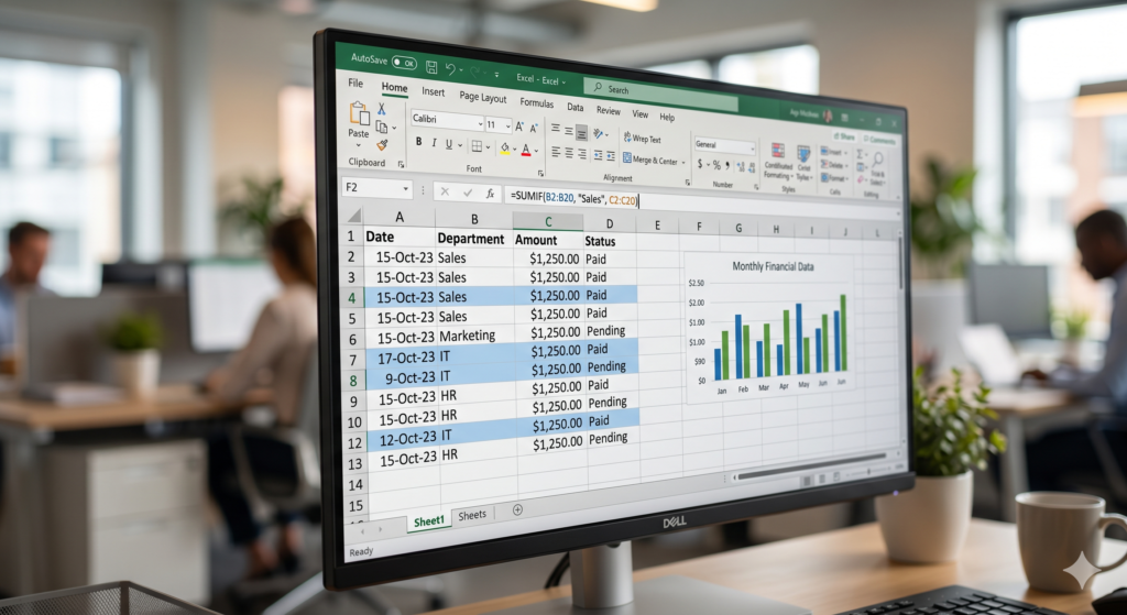 Excel functions for finance illustrated - a close-up of a monitor screen showing SUMIF, VLOOKUP and IF formulas highlighted in a spreadsheet formula bar