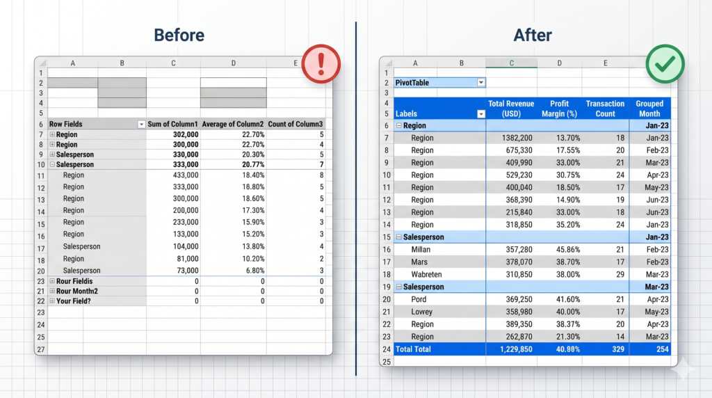 PivotTable best practices before and after comparison showing disorganized versus clean structured Excel pivot table layout with proper field naming and grouping