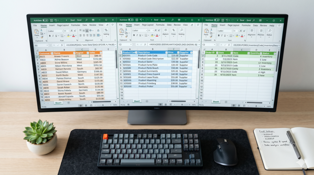 XLOOKUP vs VLOOKUP in Excel comparison + INDEX MATCH - three formula options shown side by side in a spreadsheet on a computer screen