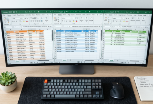 XLOOKUP vs VLOOKUP in Excel comparison + INDEX MATCH - three formula options shown side by side in a spreadsheet on a computer screen