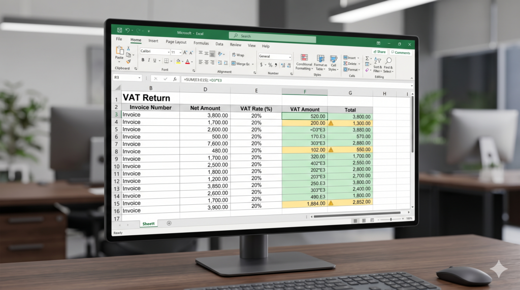 Automate Excel spreadsheets for VAT return preparation - screenshot of a tax calculation template with color-coded columns