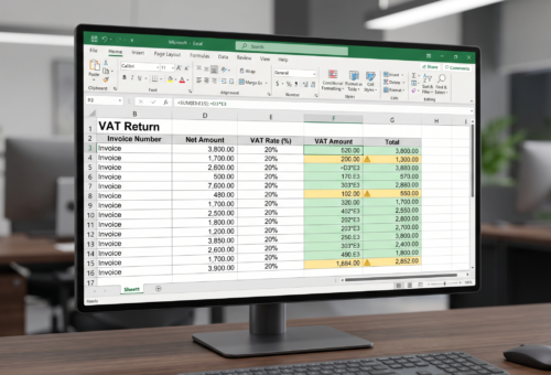 Automate Excel spreadsheets for VAT return preparation - screenshot of a tax calculation template with color-coded columns