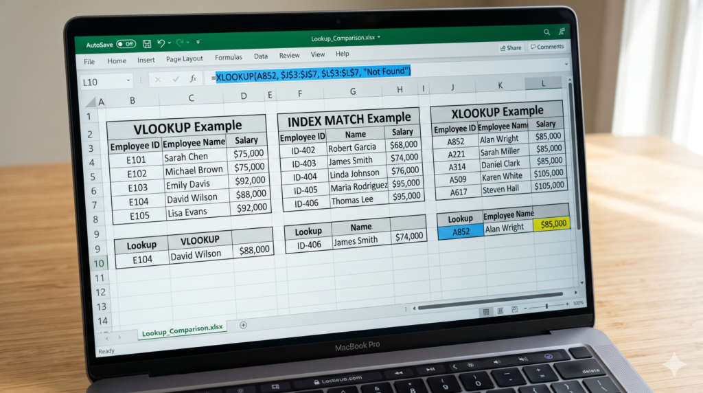 XLOOKUP vs VLOOKUP Excel tutorial - formula comparison table with INDEX MATCH syntax visible in a spreadsheet editor