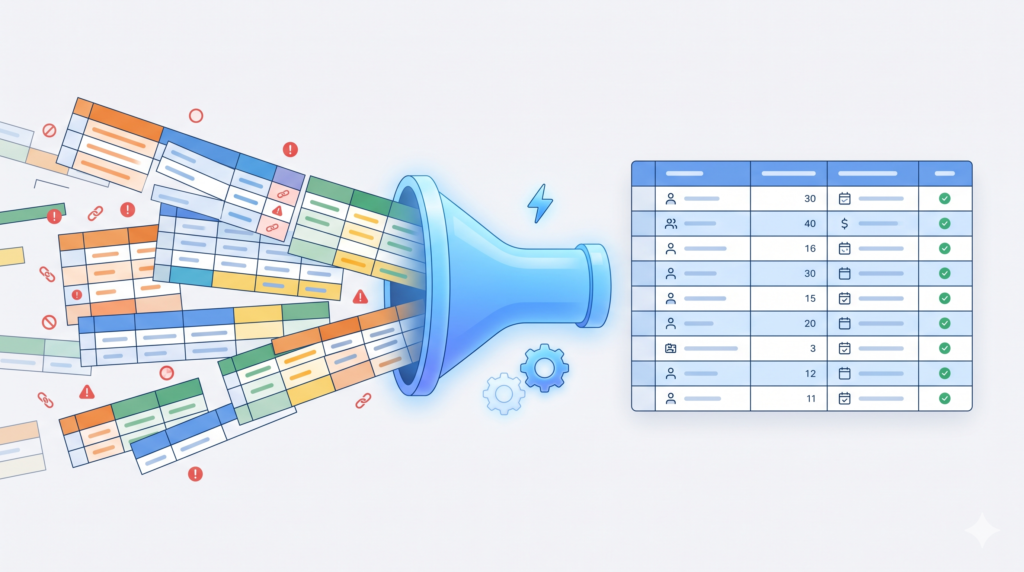 Illustration showing Power Query for beginners transforming messy data into clean, organized tables automatically