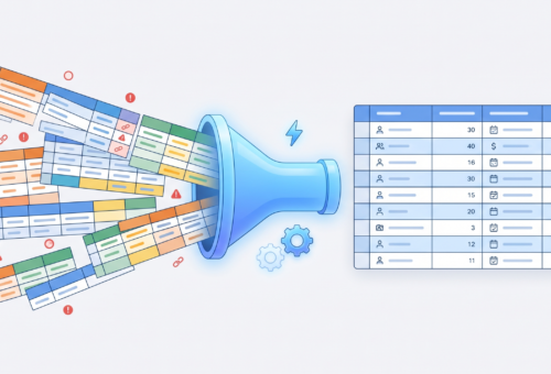 Illustration showing Power Query for beginners transforming messy data into clean, organized tables automatically