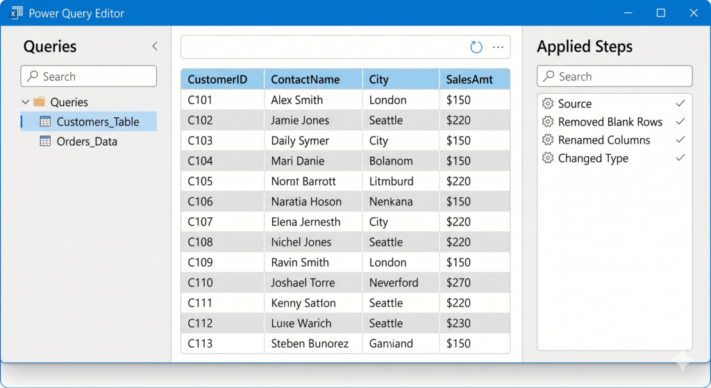 Power Query for beginners: a stylized view of the Power Query Editor showing Applied Steps on the right panel