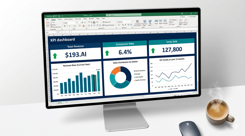 Excel KPI dashboard with charts and metrics illustrating how to build an Excel dashboard for business reporting
