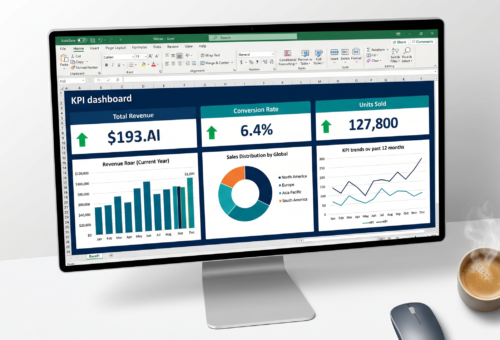 Excel KPI dashboard with charts and metrics illustrating how to build an Excel dashboard for business reporting