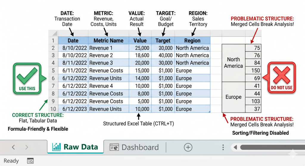 Excel spreadsheet structure showing raw data tab setup before build an Excel dashboard