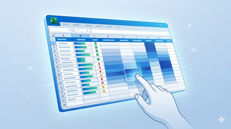 Conditional formatting in Excel spreadsheet with color-coded data bars, icon sets, and heatmap cells on a modern blue background