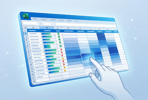 Conditional formatting in Excel spreadsheet with color-coded data bars, icon sets, and heatmap cells on a modern blue background