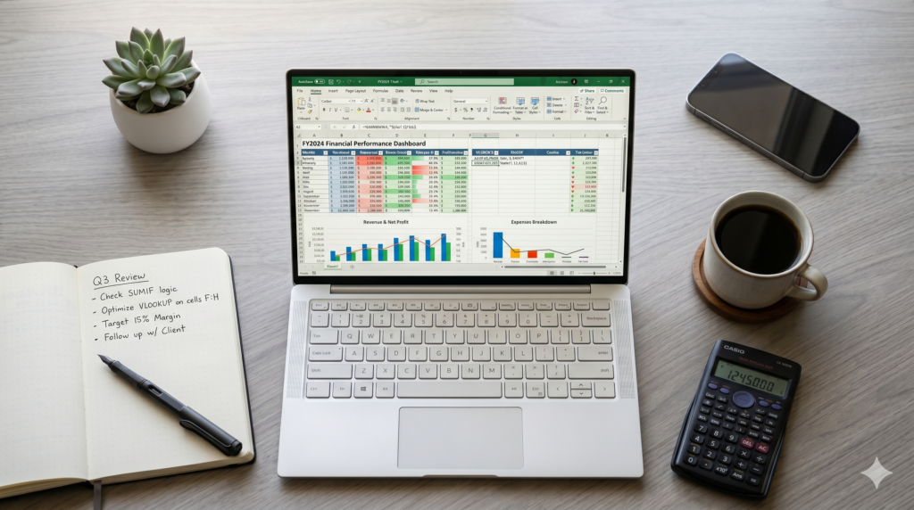 Excel functions for finance - spreadsheet open on a laptop showing financial formulas and data tables in a modern office setting
