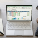 Excel functions for finance - spreadsheet open on a laptop showing financial formulas and data tables in a modern office setting