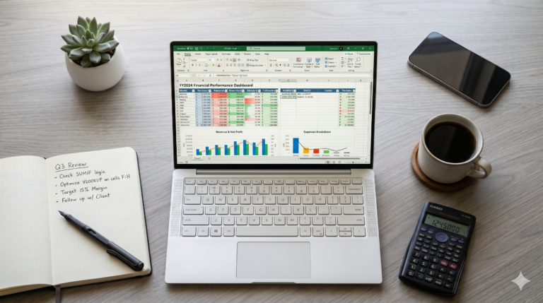 Excel functions for finance - spreadsheet open on a laptop showing financial formulas and data tables in a modern office setting