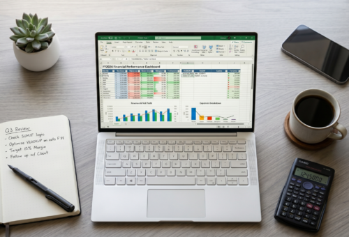 Excel functions for finance - spreadsheet open on a laptop showing financial formulas and data tables in a modern office setting