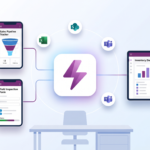 Illustration showing Microsoft Power Apps connecting business tools like Excel and Teams for low-code app development.