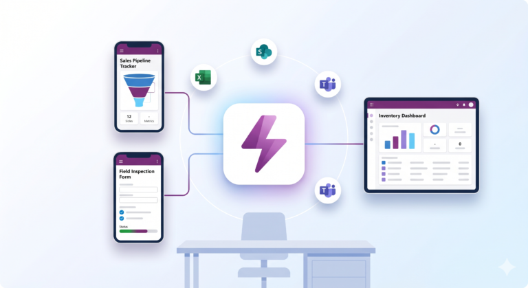 Illustration showing Microsoft Power Apps connecting business tools like Excel and Teams for low-code app development.