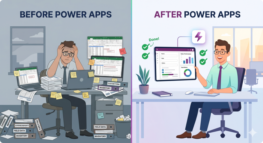 Split illustration comparing manual spreadsheet work with a streamlined Microsoft Power Apps mobile solution for business