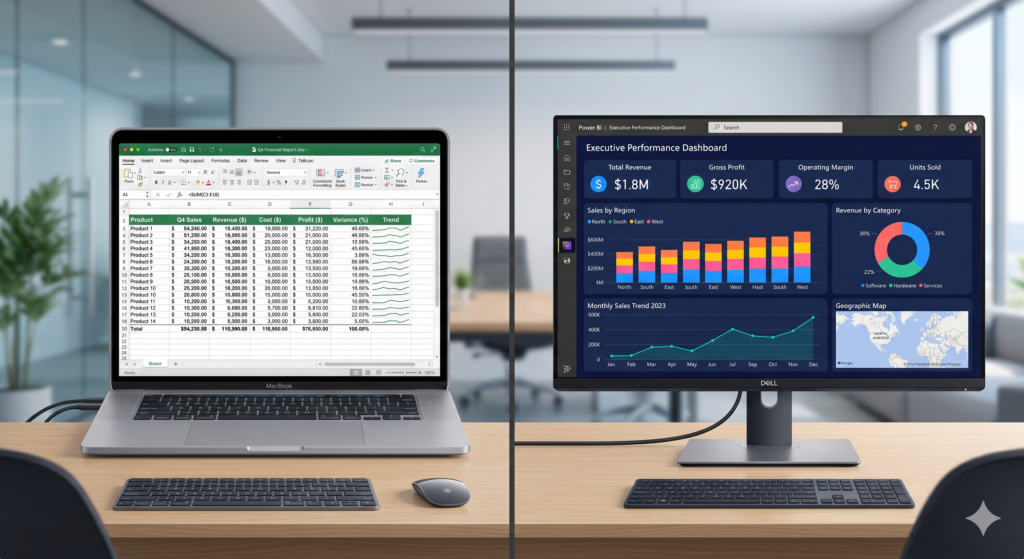 Power BI Specialists comparing Power BI dashboard and Excel spreadsheet side by side on professional screens.