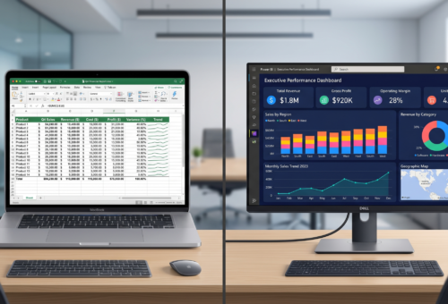 Power BI Specialists comparing Power BI dashboard and Excel spreadsheet side by side on professional screens.