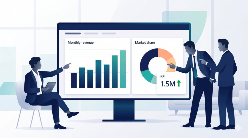 Illustration representing what is Power BI: business leaders viewing a dashboard with charts and KPIs on a large screen