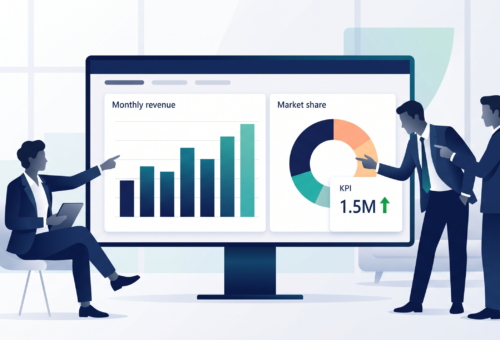 Illustration representing what is Power BI: business leaders viewing a dashboard with charts and KPIs on a large screen