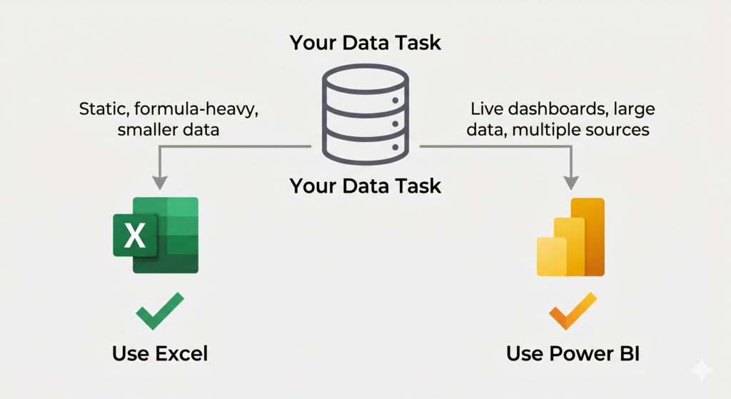 Infographic decision guide created by Power BI Specialists showing when to choose Power BI vs Excel