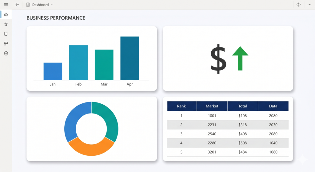 Stylized representation of what is Power BI: a dashboard with bar charts, KPI cards, and data tables displayed on screen