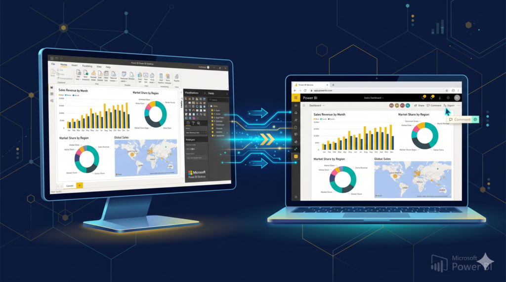 Visual guide used by Power BI specialists showing Power BI Desktop and Power BI Service working together in a connected workflow