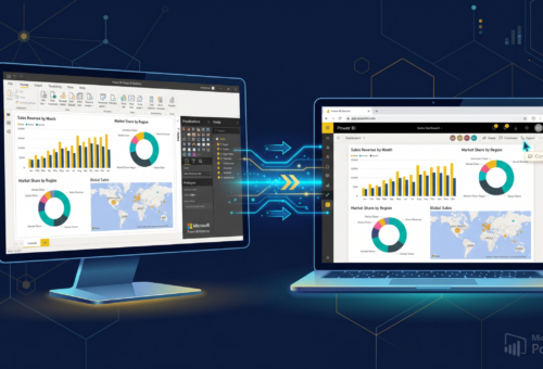 Visual guide used by Power BI specialists showing Power BI Desktop and Power BI Service working together in a connected workflow