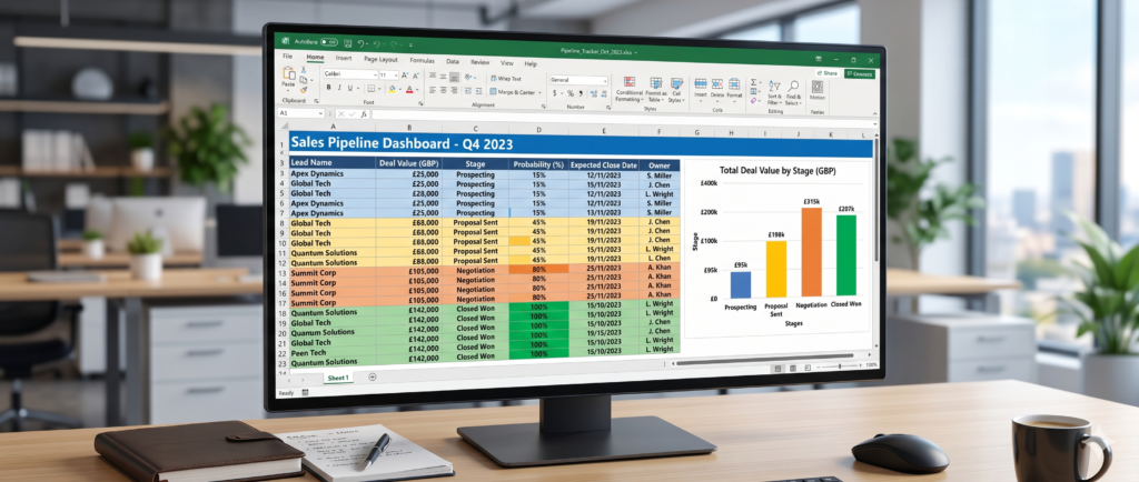 Build custom Excel spreadsheet sales pipeline tracker - colorful dashboard showing deal stages and progress bars