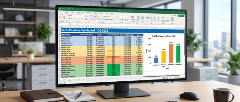 Build custom Excel spreadsheet sales pipeline tracker - colorful dashboard showing deal stages and progress bars
