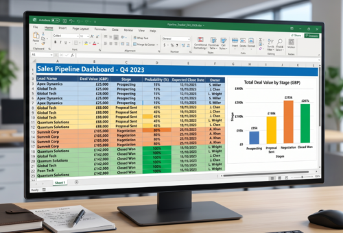 Build custom Excel spreadsheet sales pipeline tracker - colorful dashboard showing deal stages and progress bars