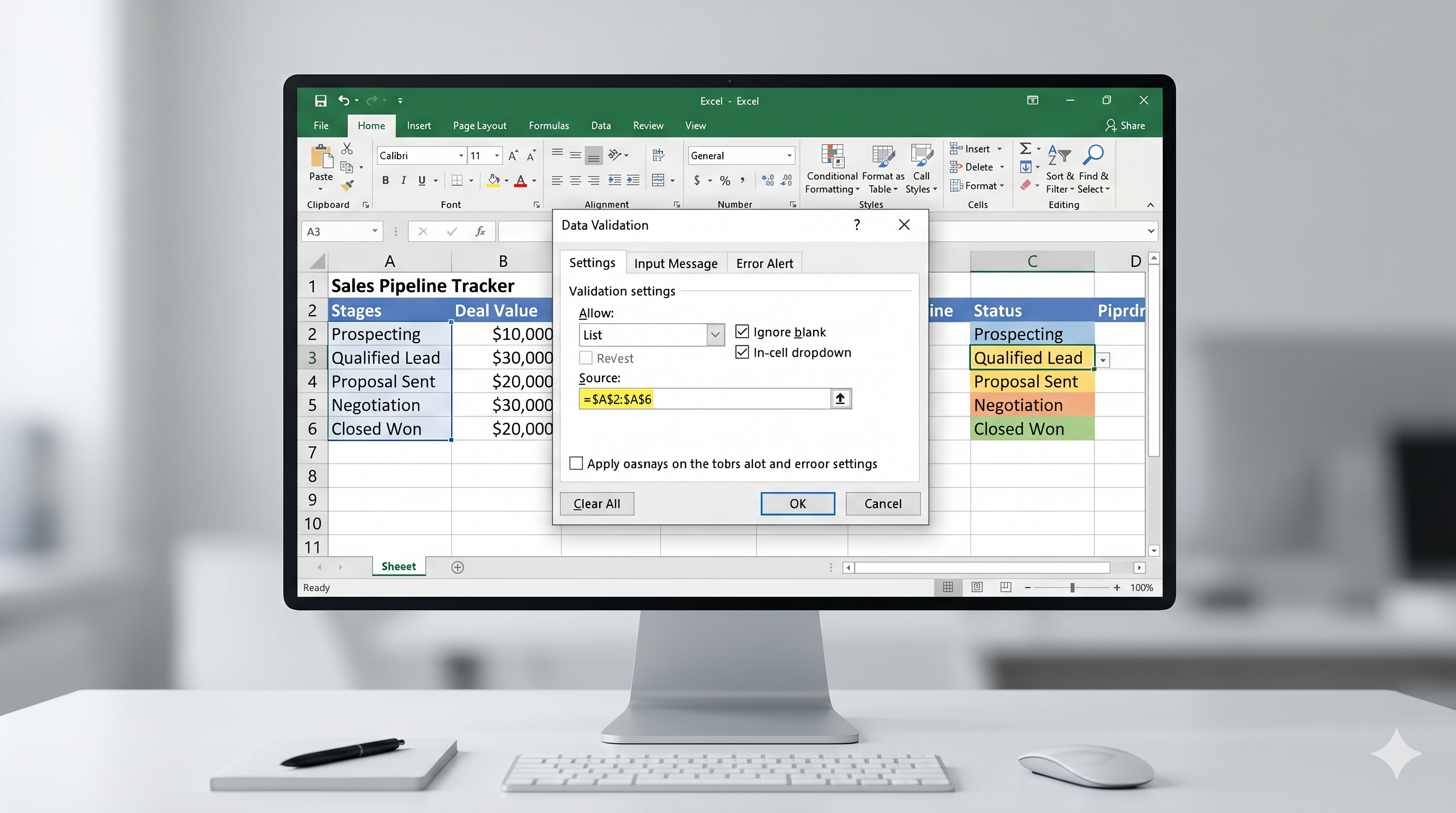 Build custom Excel spreadsheet with dropdown menus - data validation settings panel shown in Excel interface
