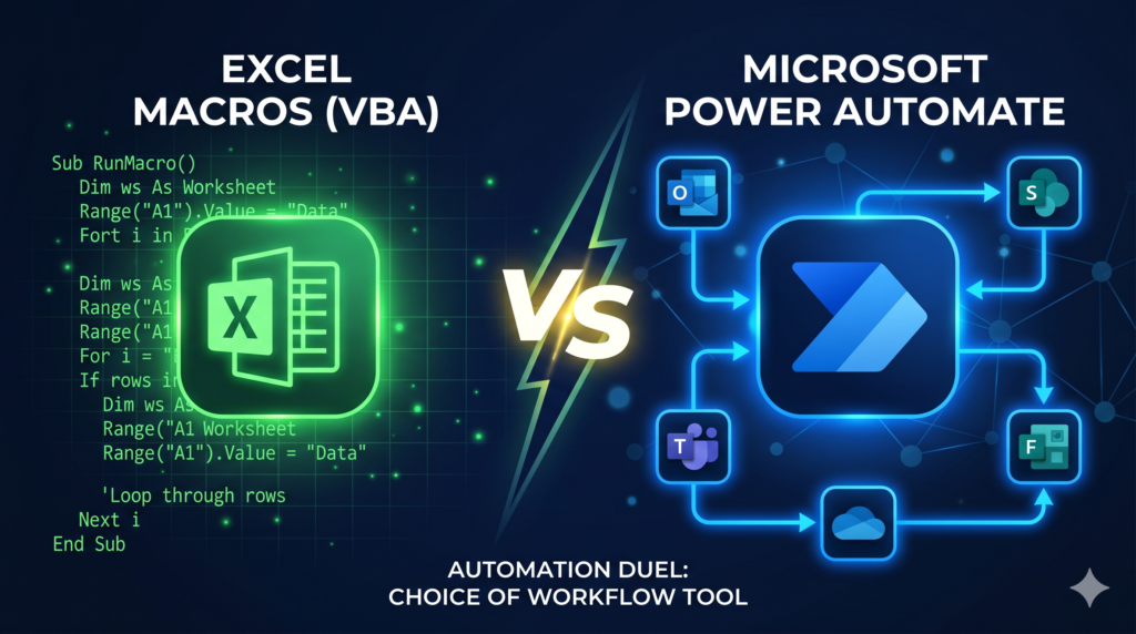 Comparison chart between Excel Macros and Power Automate to automate excel spreadsheets in business workflows
