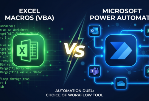 Comparison chart between Excel Macros and Power Automate to automate excel spreadsheets in business workflows