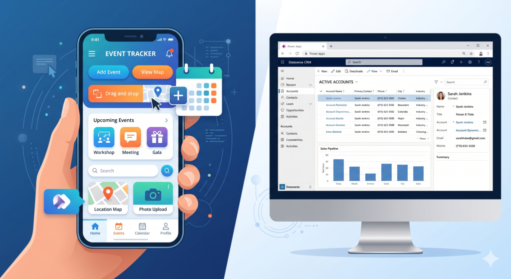 Power Apps specialist comparing Canvas Apps and Model-Driven Apps on a split-screen dashboard interface