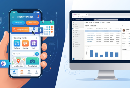 Power Apps specialist comparing Canvas Apps and Model-Driven Apps on a split-screen dashboard interface