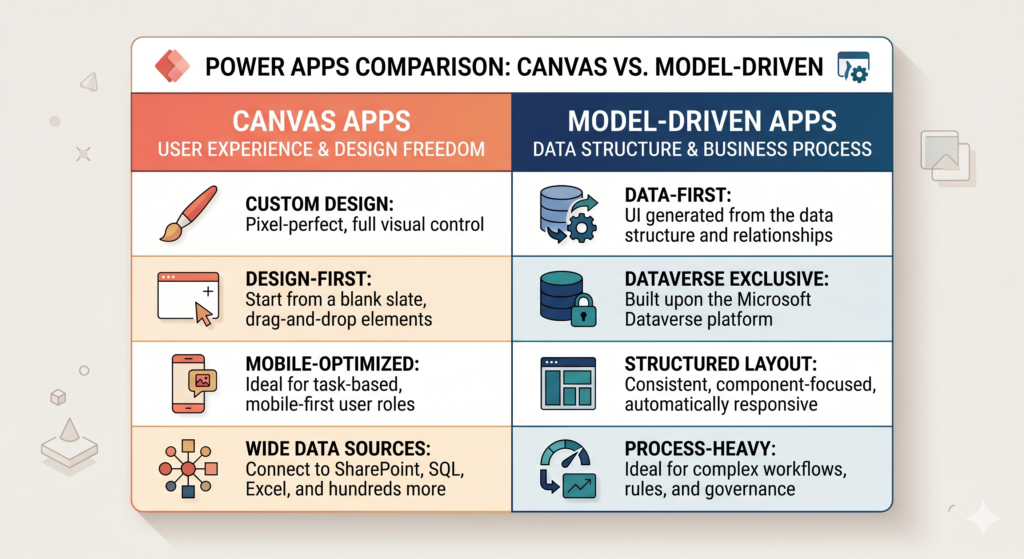 Power Apps specialist decision guide showing Canvas App vs Model-Driven App comparison table with use cases.