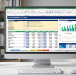 Excel financial modelling spreadsheet showing a structured financial model with labeled sections and color-coded tabs.