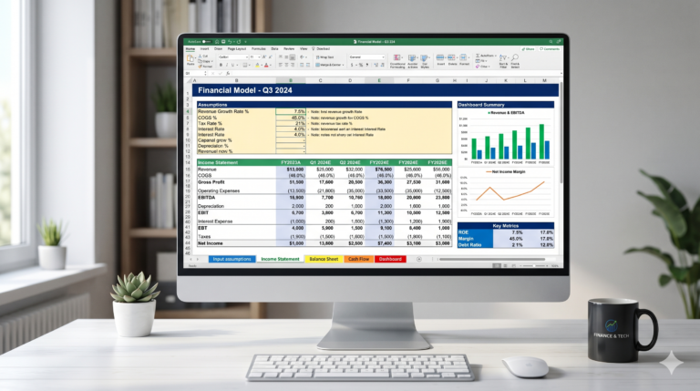 Excel financial modelling spreadsheet showing a structured financial model with labeled sections and color-coded tabs.
