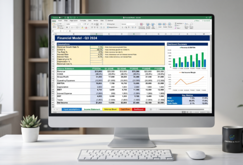 Excel financial modelling spreadsheet showing a structured financial model with labeled sections and color-coded tabs.