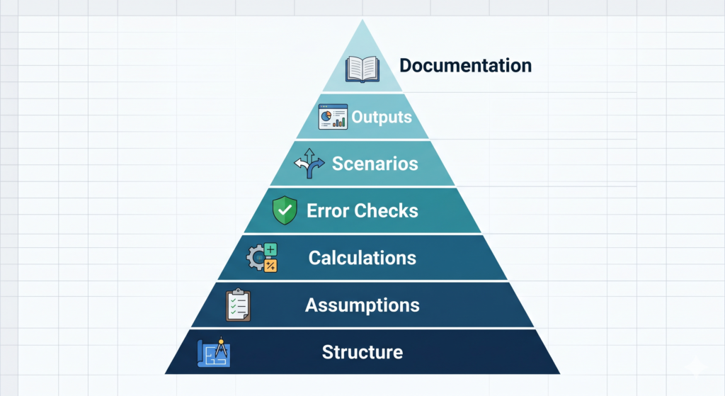 Excel financial modelling diagram showing the 7 building blocks as a layered pyramid structure