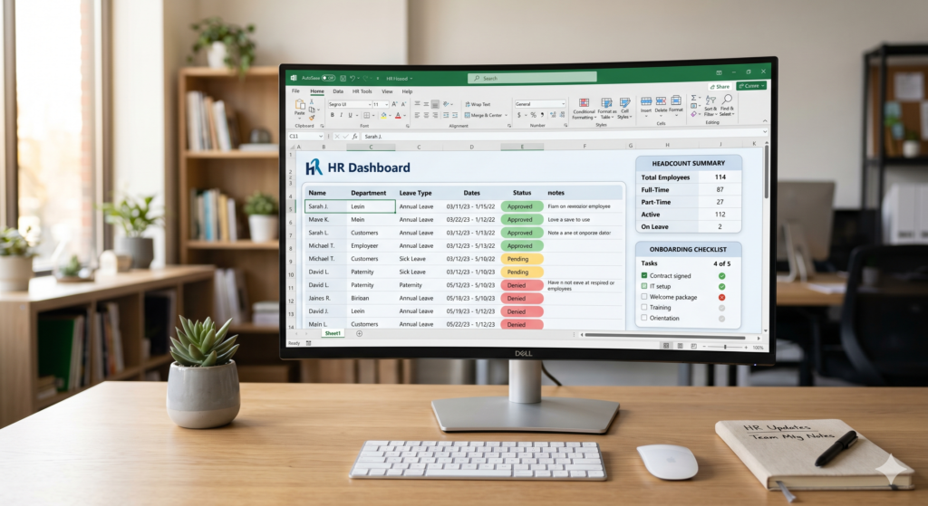 Custom Excel spreadsheet for HR showing leave tracking dashboard.