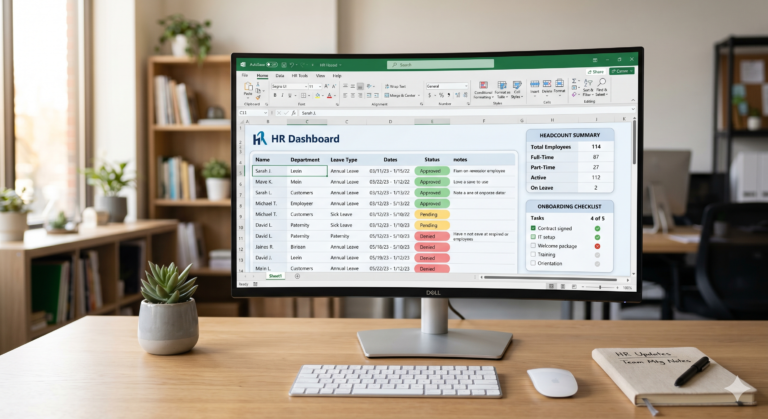 Custom Excel spreadsheet for HR showing leave tracking dashboard.