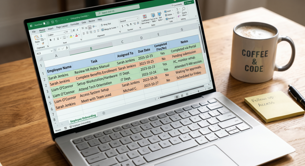 Excel spreadsheet for HR onboarding checklist with task completion tracking.