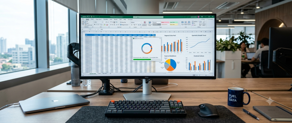 automate excel workbooks: slow Excel spreadsheet speed diagnostic screen showing charts and data overload.